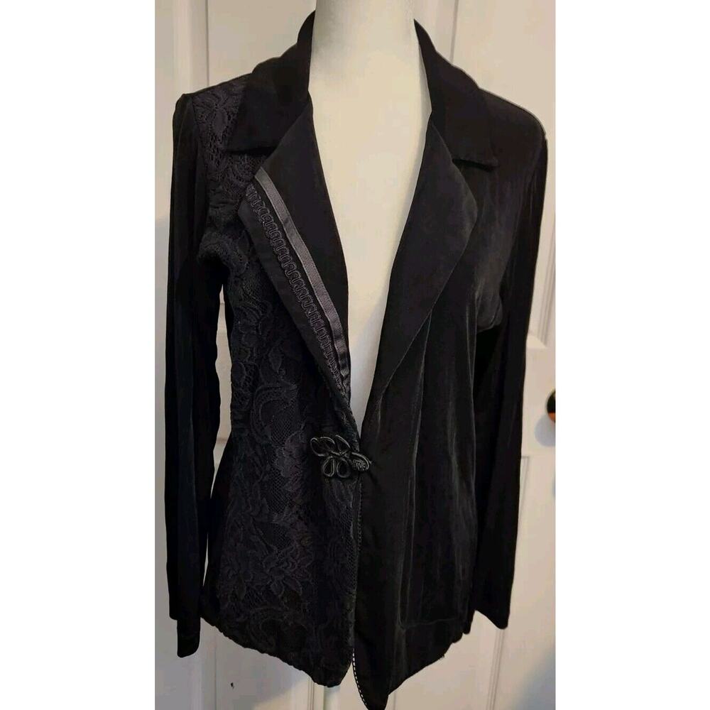 CHICOS TRAVELERS Sz 1 Slinky Cardigan Sz M Black Lace Detail Long Sleeve Acetate